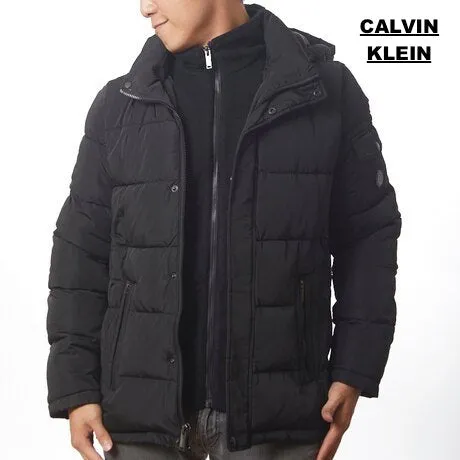 New with tags! Calvin Klein mens Alternative Down Puffer Jacket With Bib & Hood Windbreaker Jacket, Black, Sz M!
