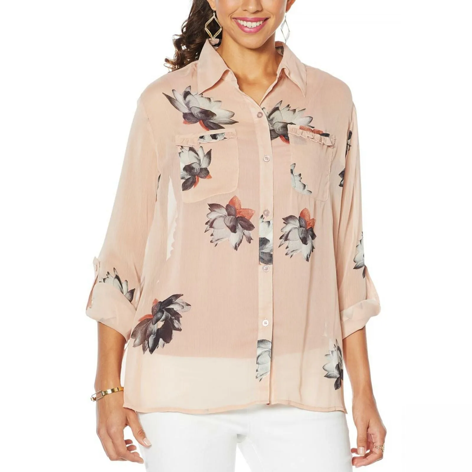 NWT G By Giuliana Womens Printed Ruffle-Pocket Button-Up Shirt. 689663 X-Large