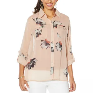 NWT G By Giuliana Womens Printed Ruffle-Pocket Button-Up Shirt. 689663 X-Large
