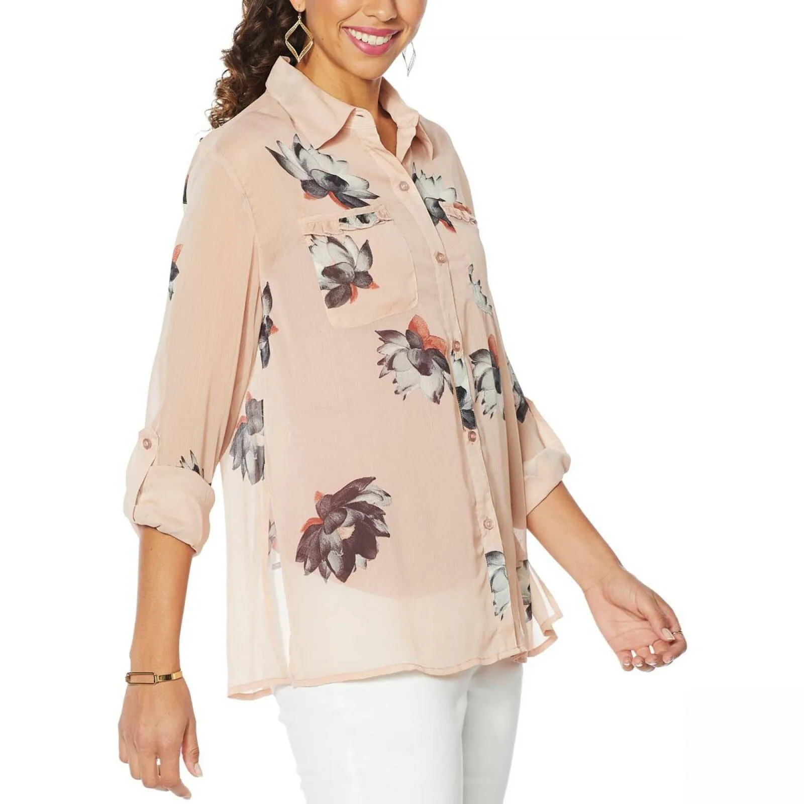 NWT G By Giuliana Womens Printed Ruffle-Pocket Button-Up Shirt. 689663 X-Large