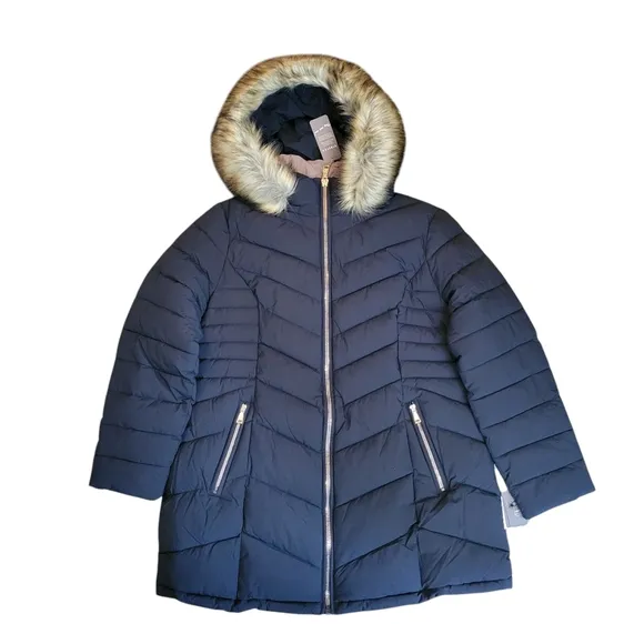 NWT Laundry by Shelli Segal Long Puffer Coat Blue Size 2X XXL Fur Trim Hood