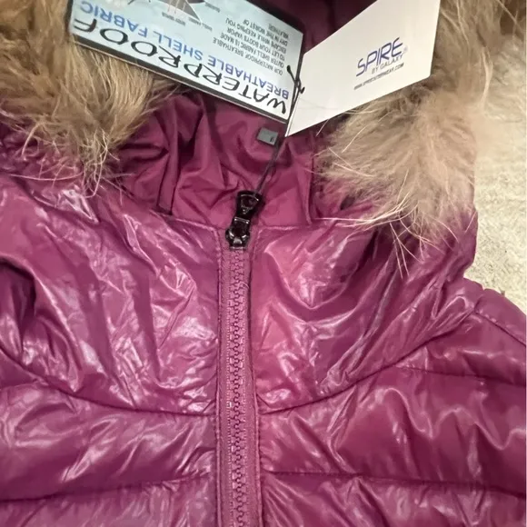 NWT Purple Quilted Long Puffer Jacket with Faux Fur Hood