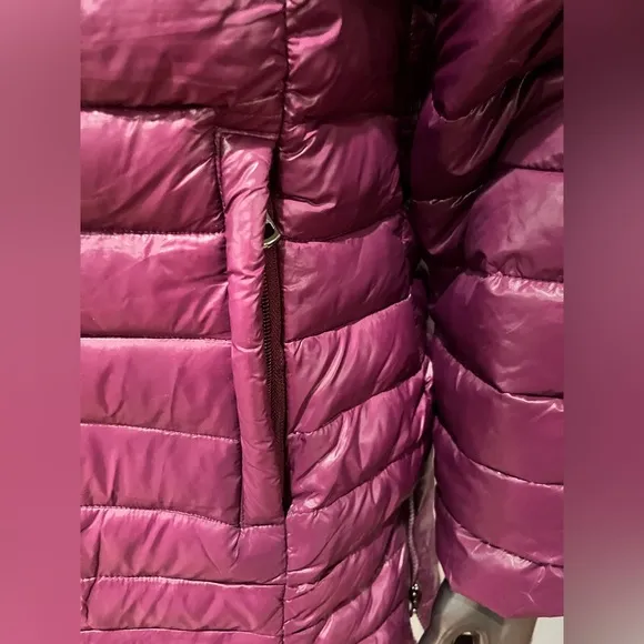 NWT Purple Quilted Long Puffer Jacket with Faux Fur Hood