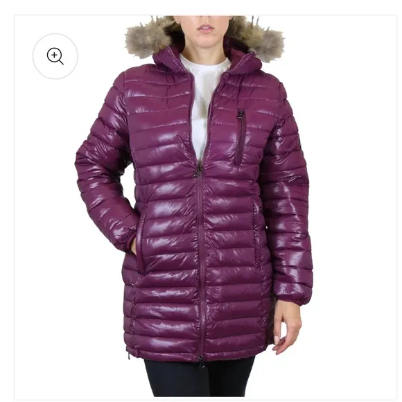 NWT Purple Quilted Long Puffer Jacket with Faux Fur Hood
