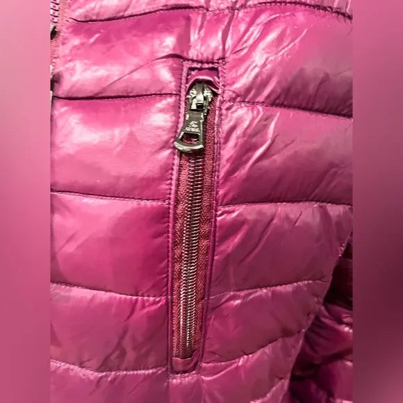 NWT Purple Quilted Long Puffer Jacket with Faux Fur Hood
