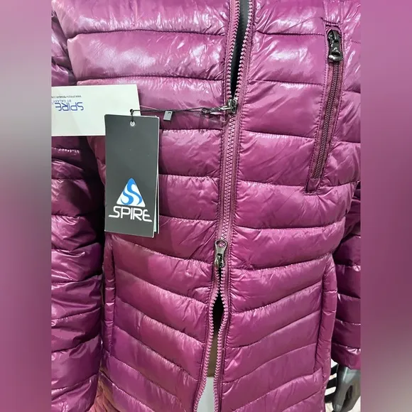 NWT Purple Quilted Long Puffer Jacket with Faux Fur Hood
