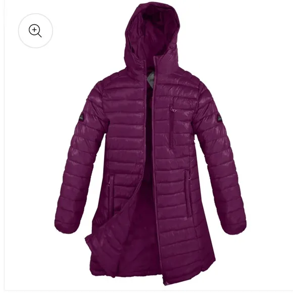 NWT Purple Quilted Long Puffer Jacket with Faux Fur Hood