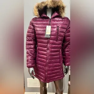 NWT Purple Quilted Long Puffer Jacket with Faux Fur Hood