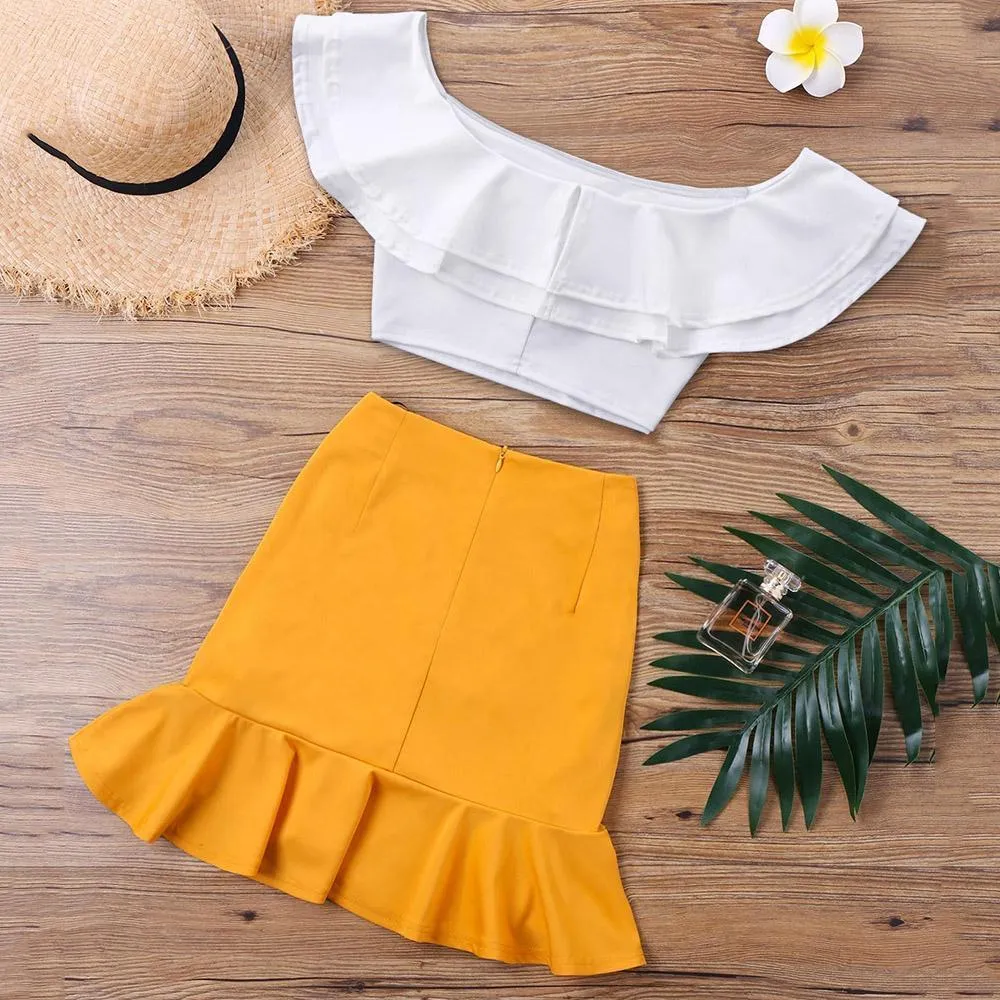 Off-Shoulder Crop Top & Ruffled Mini Skirt (2 Piece Set)