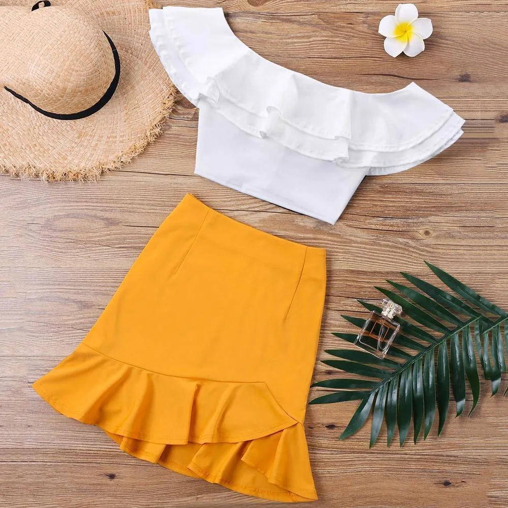 Off-Shoulder Crop Top & Ruffled Mini Skirt (2 Piece Set)