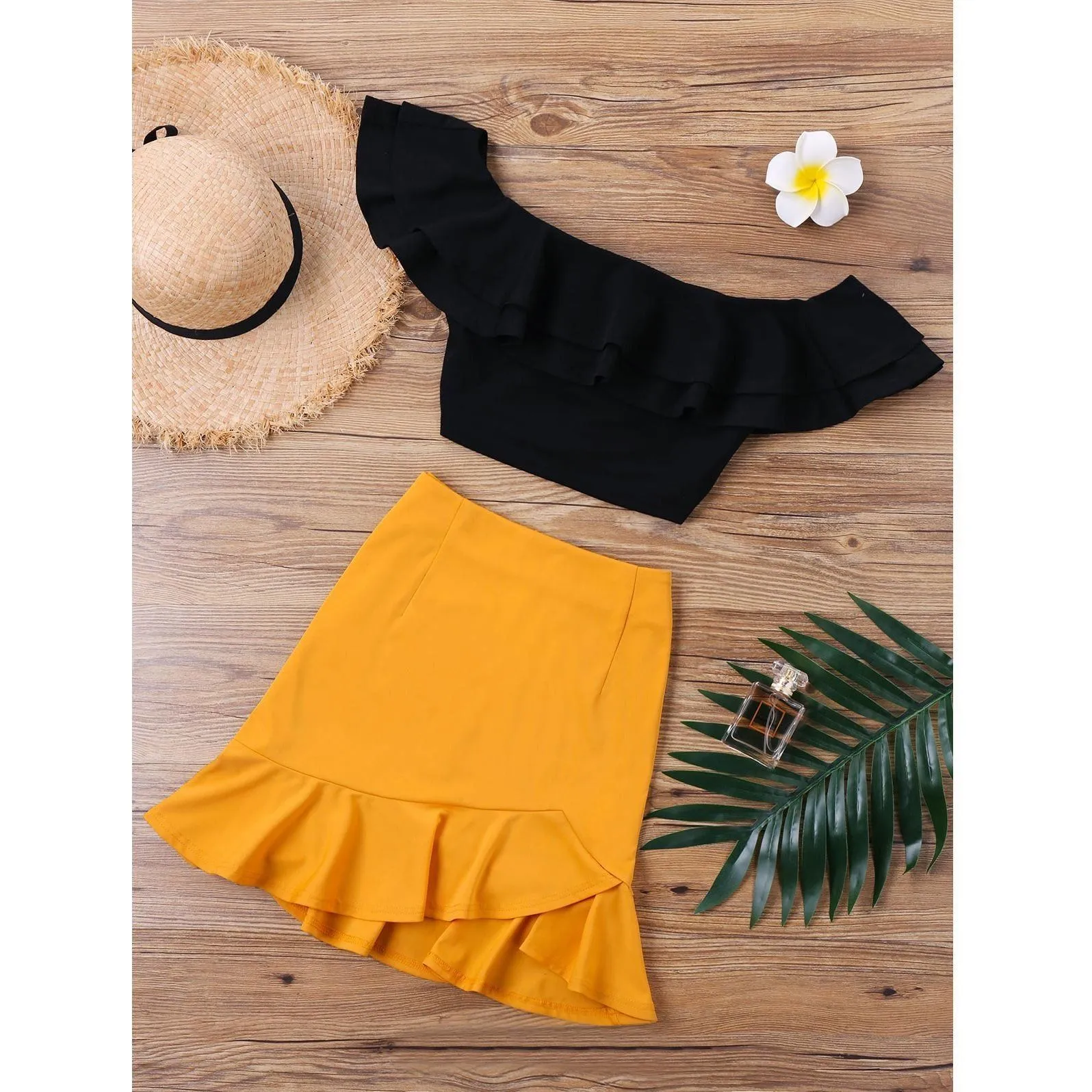 Off-Shoulder Crop Top & Ruffled Mini Skirt (2 Piece Set)