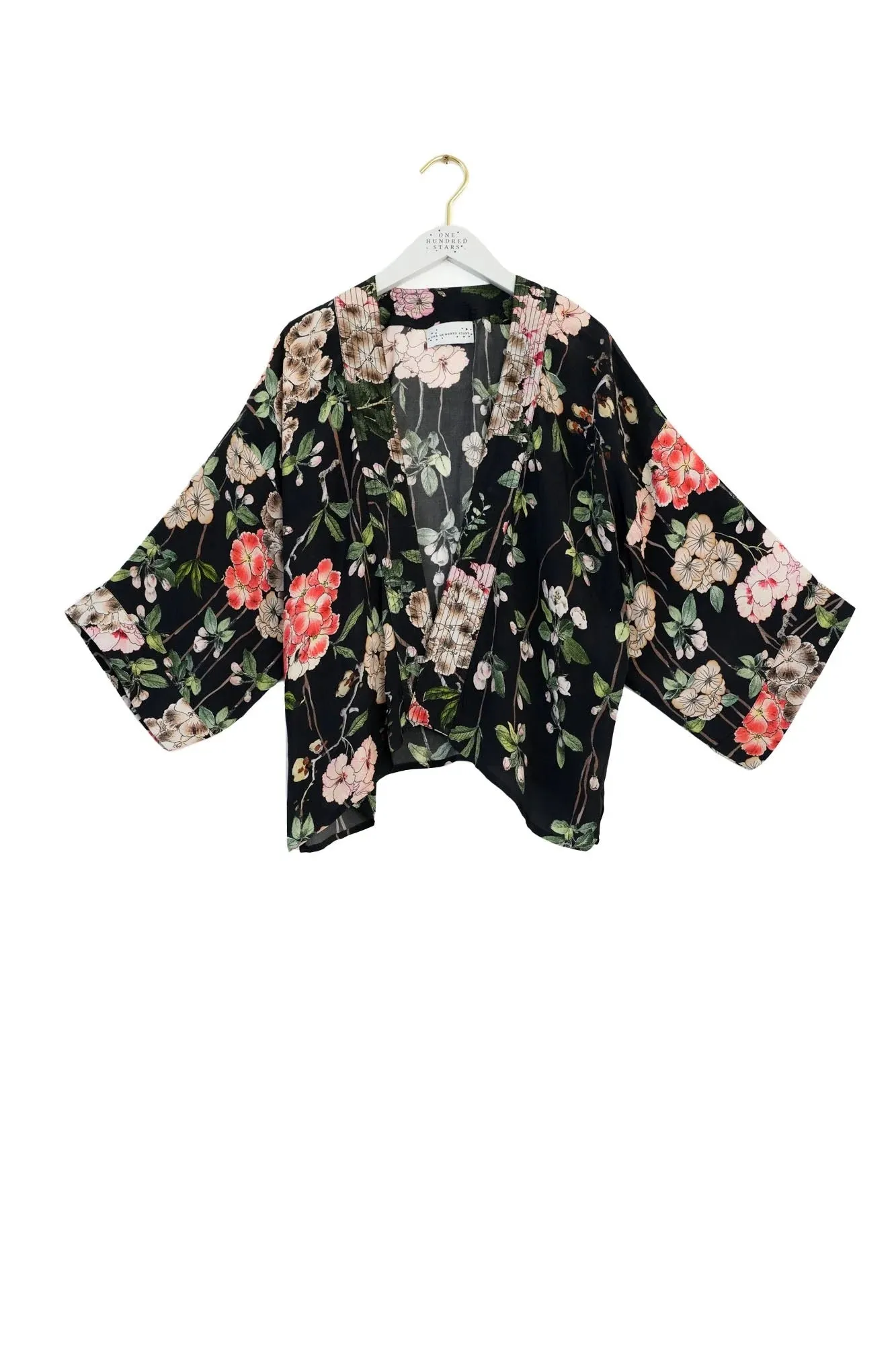 One Hundred Stars Trailing Blossom Black Crepe Kimono