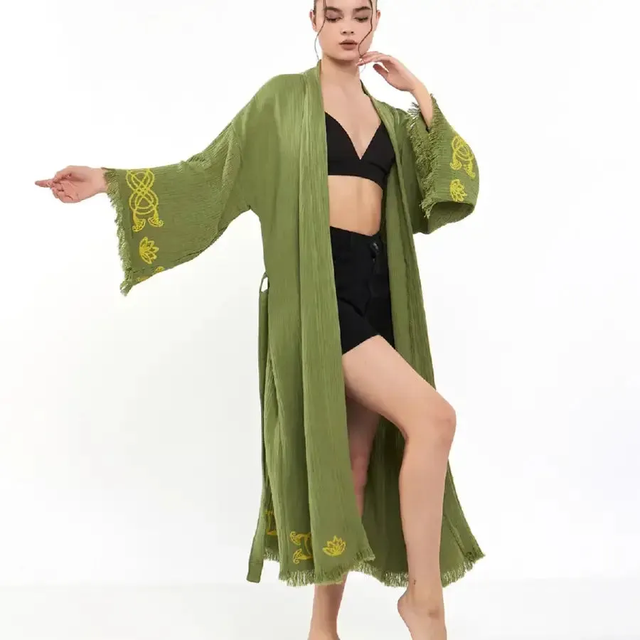Organic Cotton Kimono. Lotus Eye Kimono, Long Kaftan Kimono