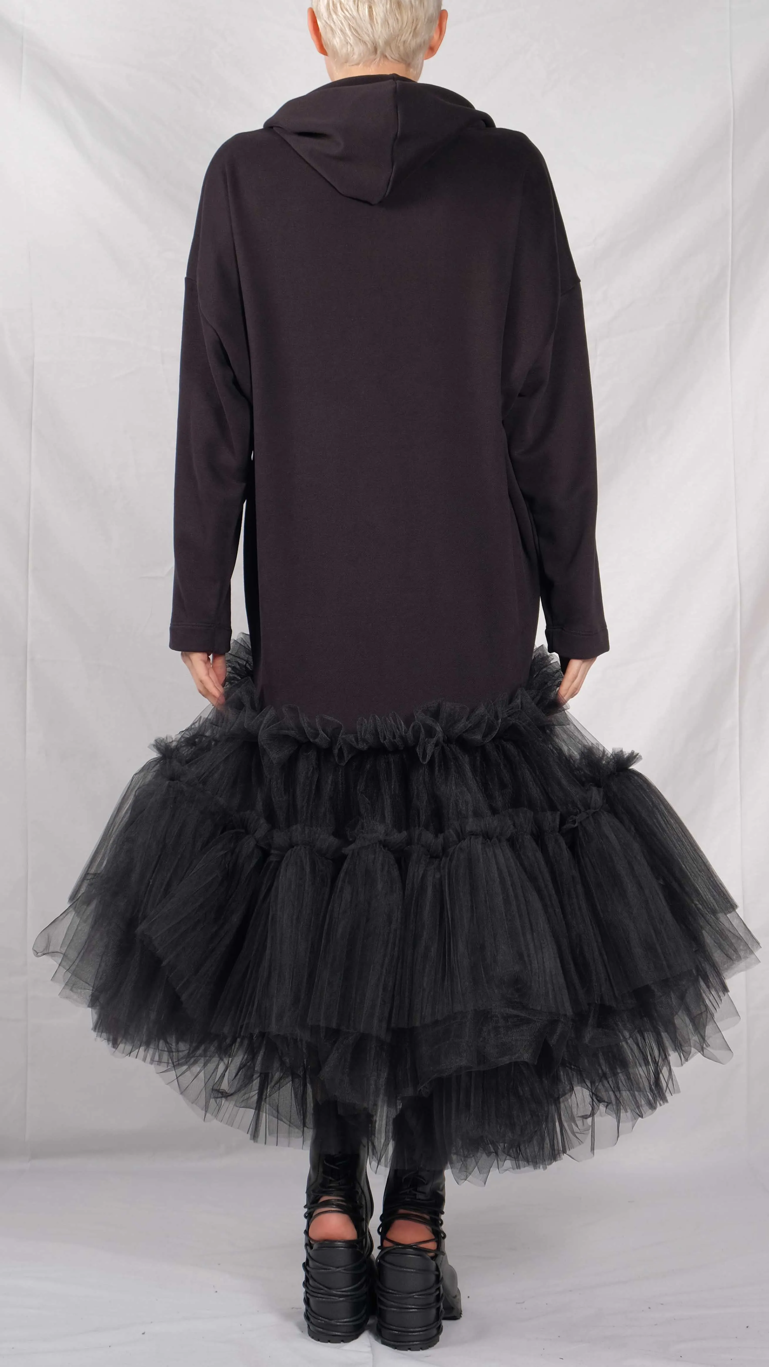 Oversized Hoodie with Ruffled Tulle Skirt Bottom
