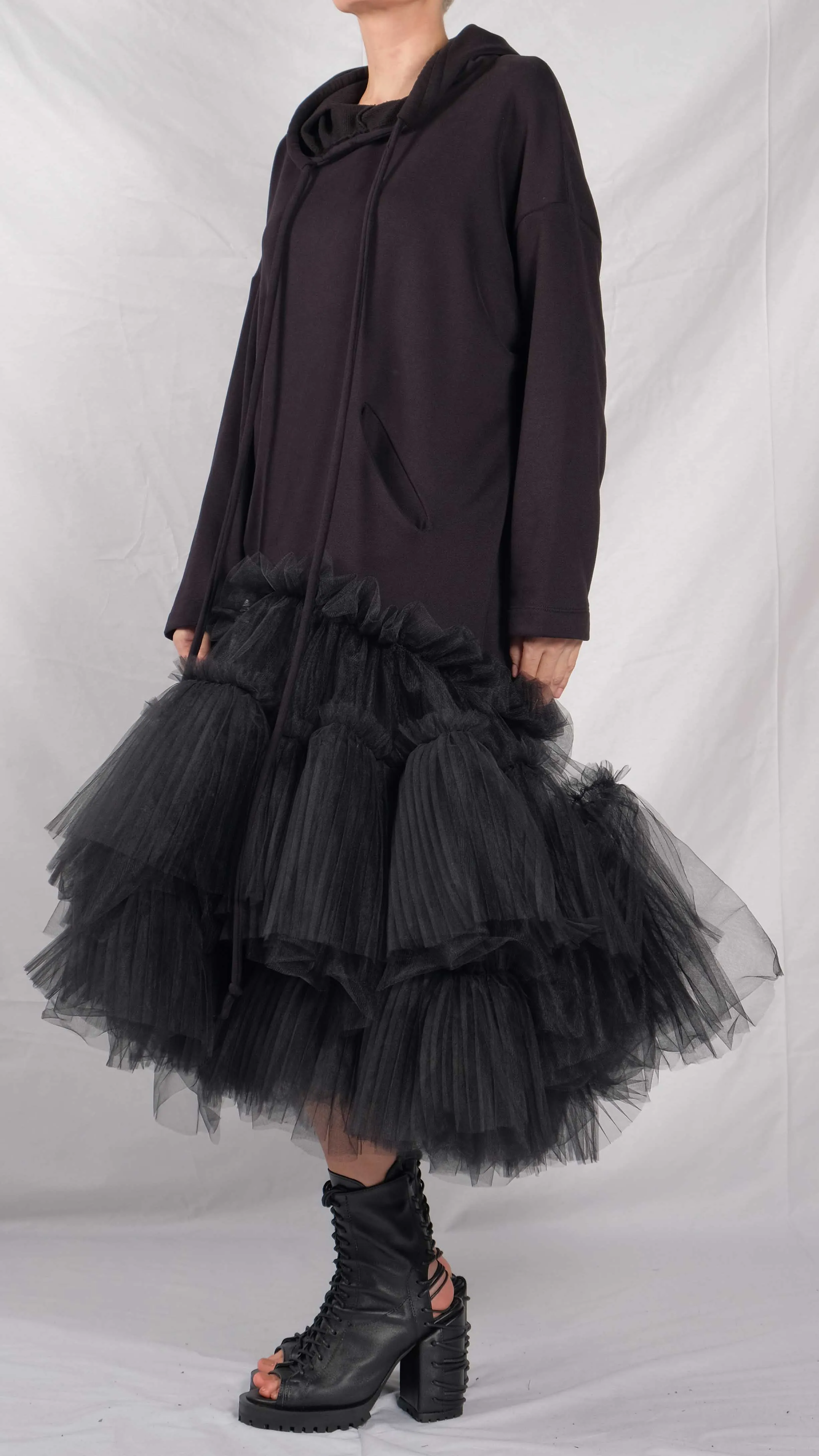 Oversized Hoodie with Ruffled Tulle Skirt Bottom