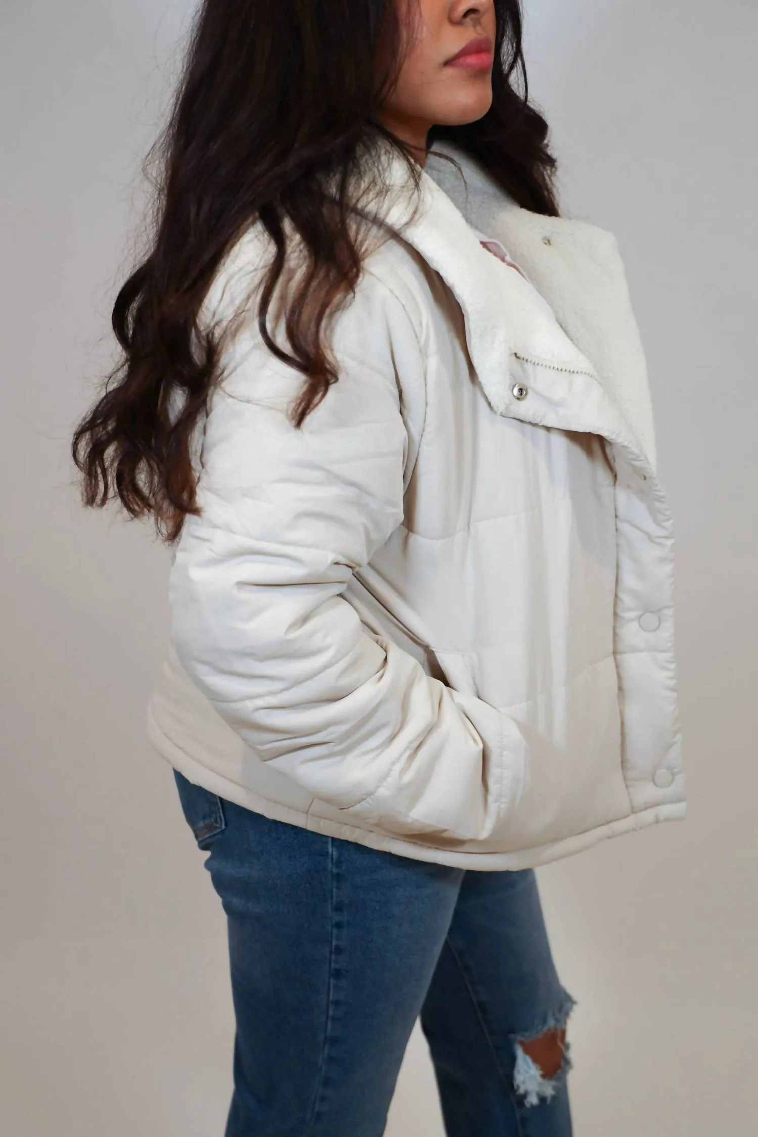 Padded Sherpa Collar Jacket In Ecru