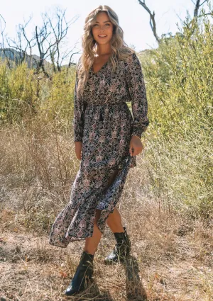 Paisley Floral Long Sleeve Tie Front Maxi Dress