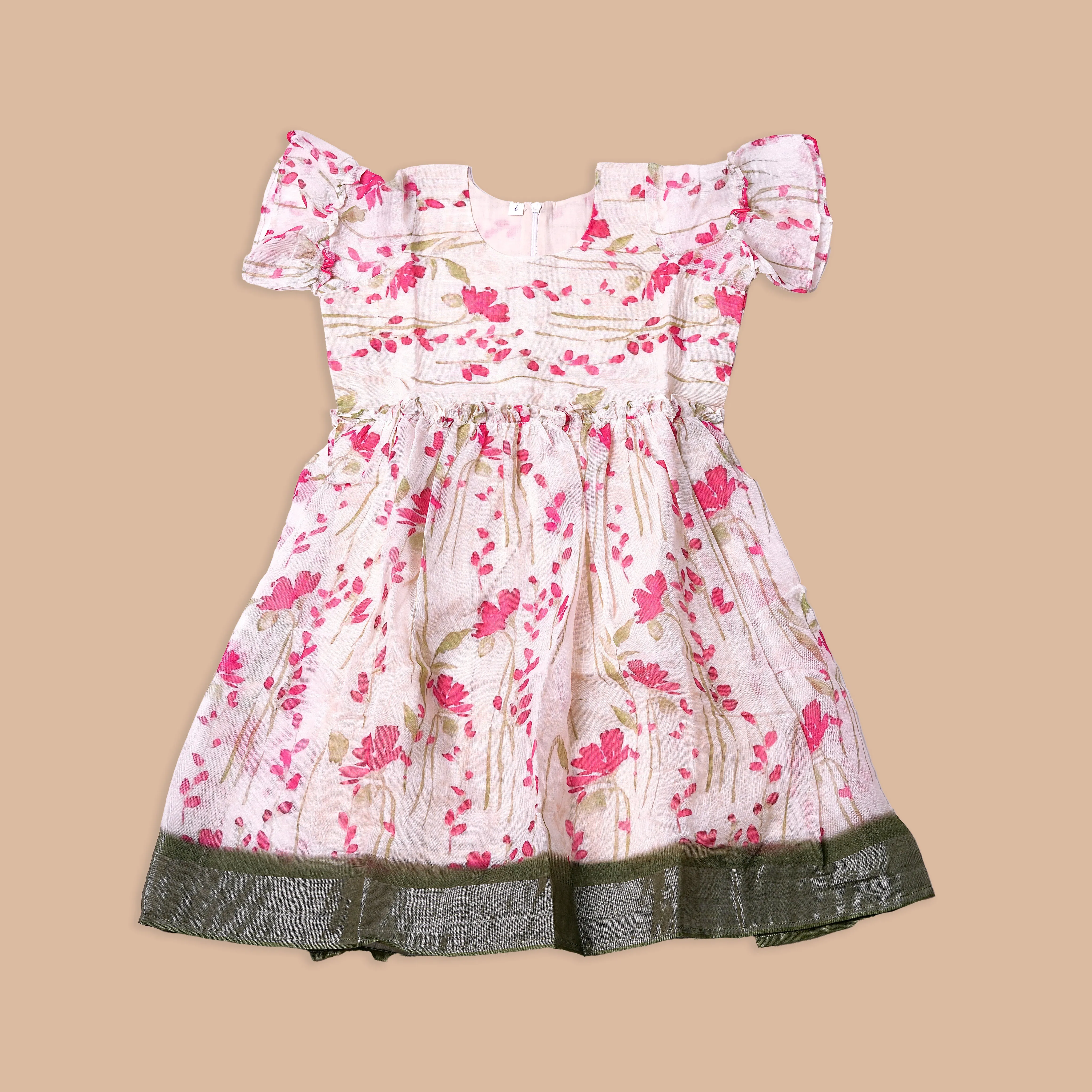 Pink Floral Cotton Frock with Ruffled Sleeves