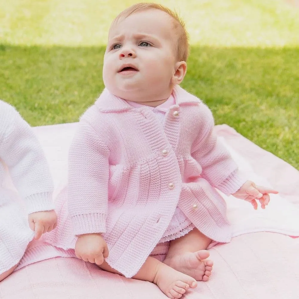 Pink Knitted Baby Girls Coat - Pearl Buttons