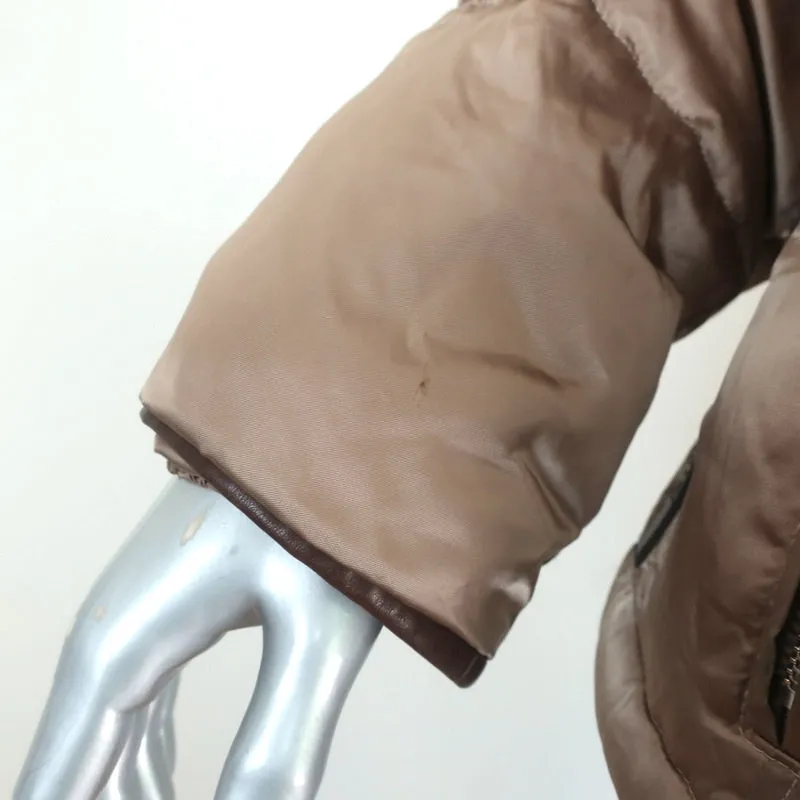Prada Down Puffer Jacket Brown Leather-Trim Nylon Sateen Size 46