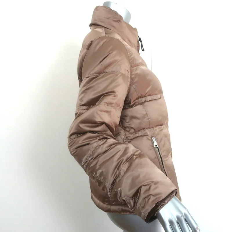Prada Down Puffer Jacket Brown Leather-Trim Nylon Sateen Size 46