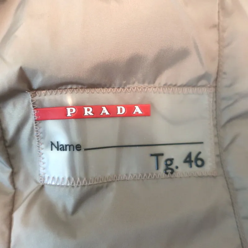 Prada Down Puffer Jacket Brown Leather-Trim Nylon Sateen Size 46