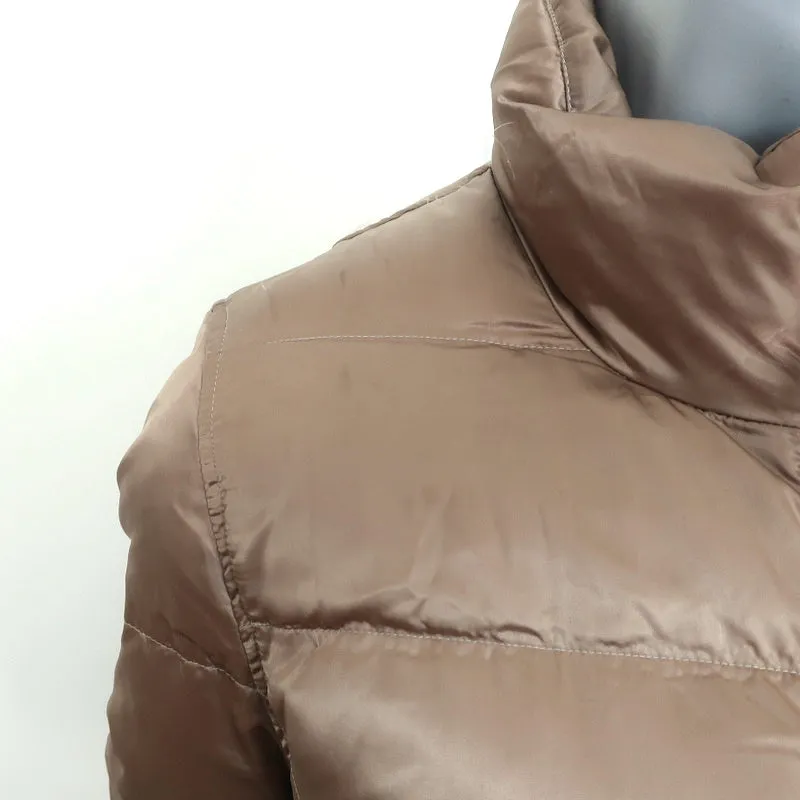 Prada Down Puffer Jacket Brown Leather-Trim Nylon Sateen Size 46