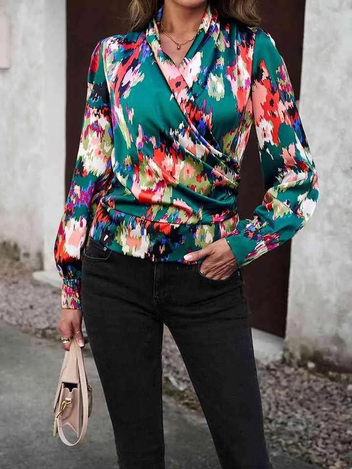 Printed Long Sleeve Wrap Look Blouse