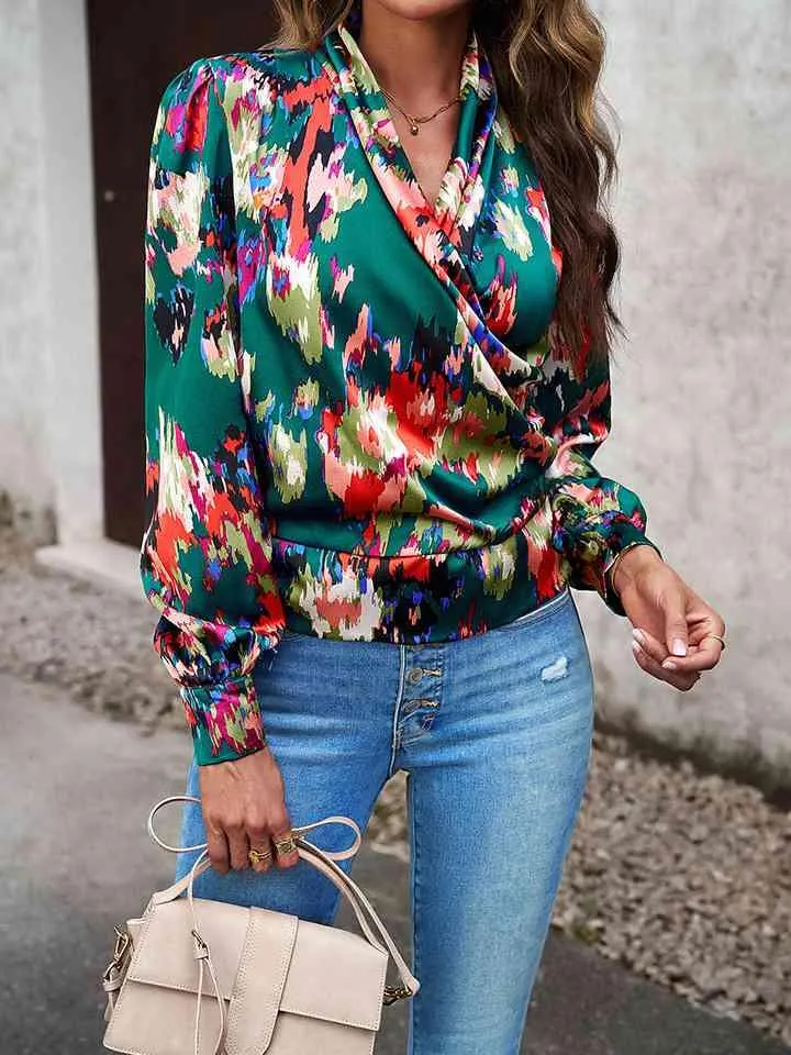 Printed Long Sleeve Wrap Look Blouse
