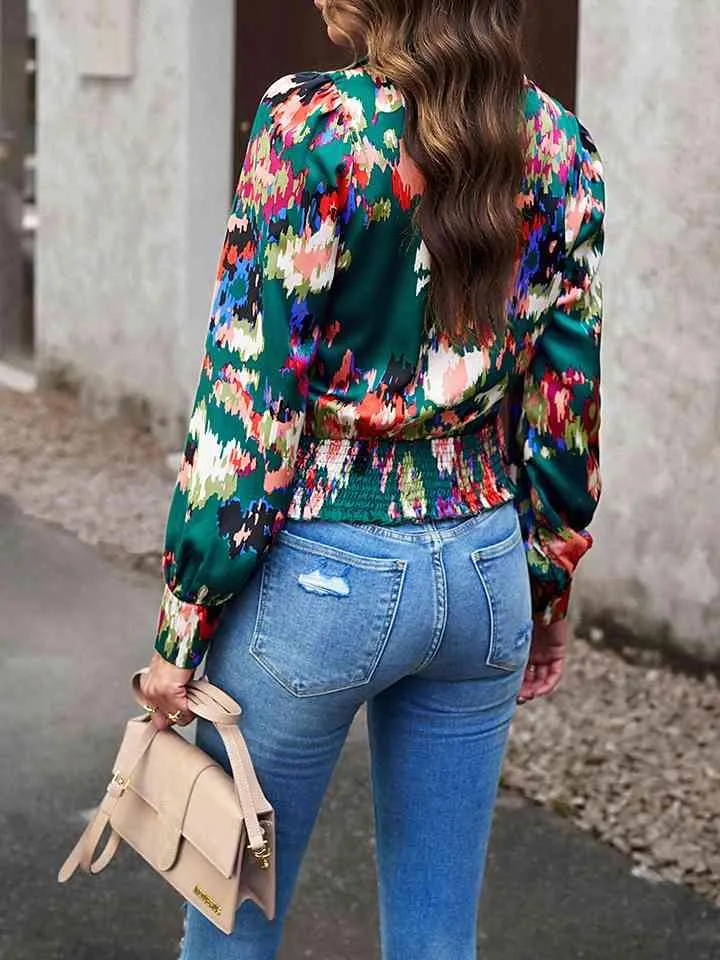 Printed Long Sleeve Wrap Look Blouse