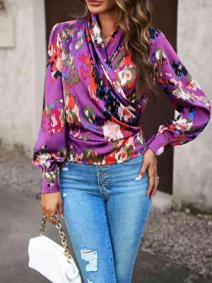 Printed Long Sleeve Wrap Look Blouse