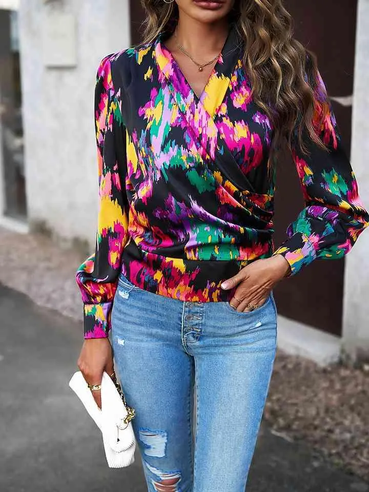 Printed Long Sleeve Wrap Look Blouse