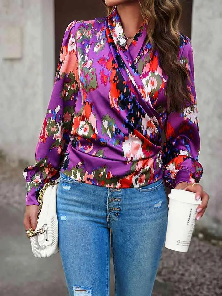 Printed Long Sleeve Wrap Look Blouse