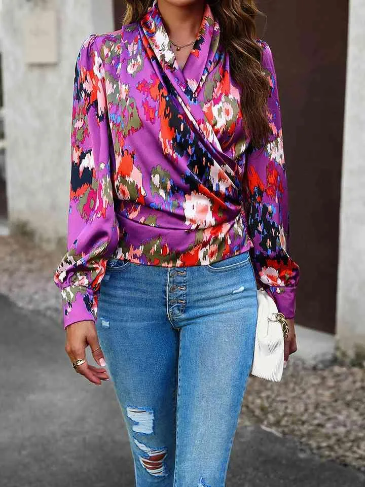 Printed Long Sleeve Wrap Look Blouse