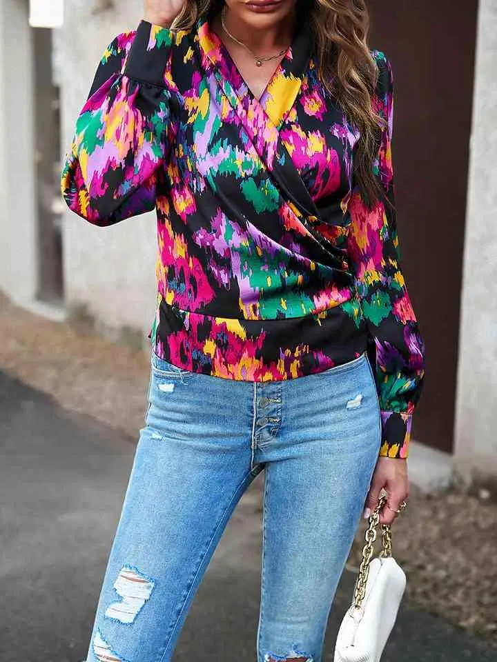 Printed Long Sleeve Wrap Look Blouse