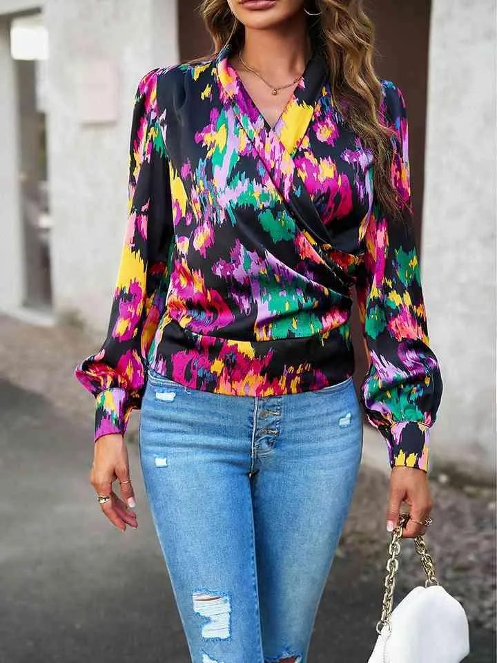 Printed Long Sleeve Wrap Look Blouse