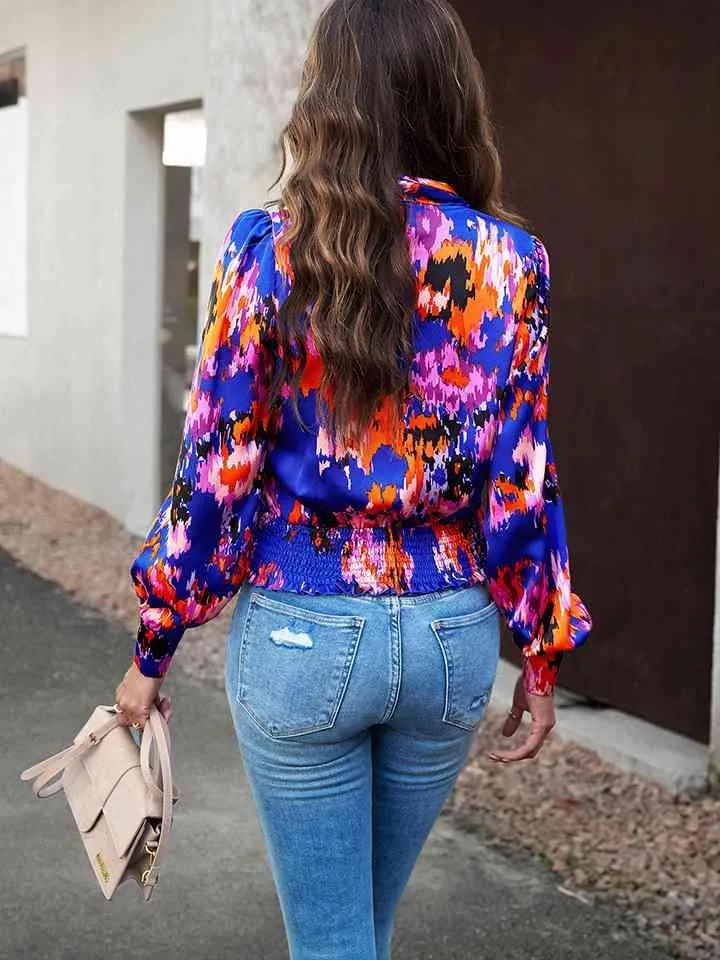 Printed Long Sleeve Wrap Look Blouse