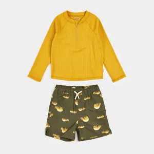 Ribbed Long-Sleeve Bright Gold & Pufferfish Rashguard Set