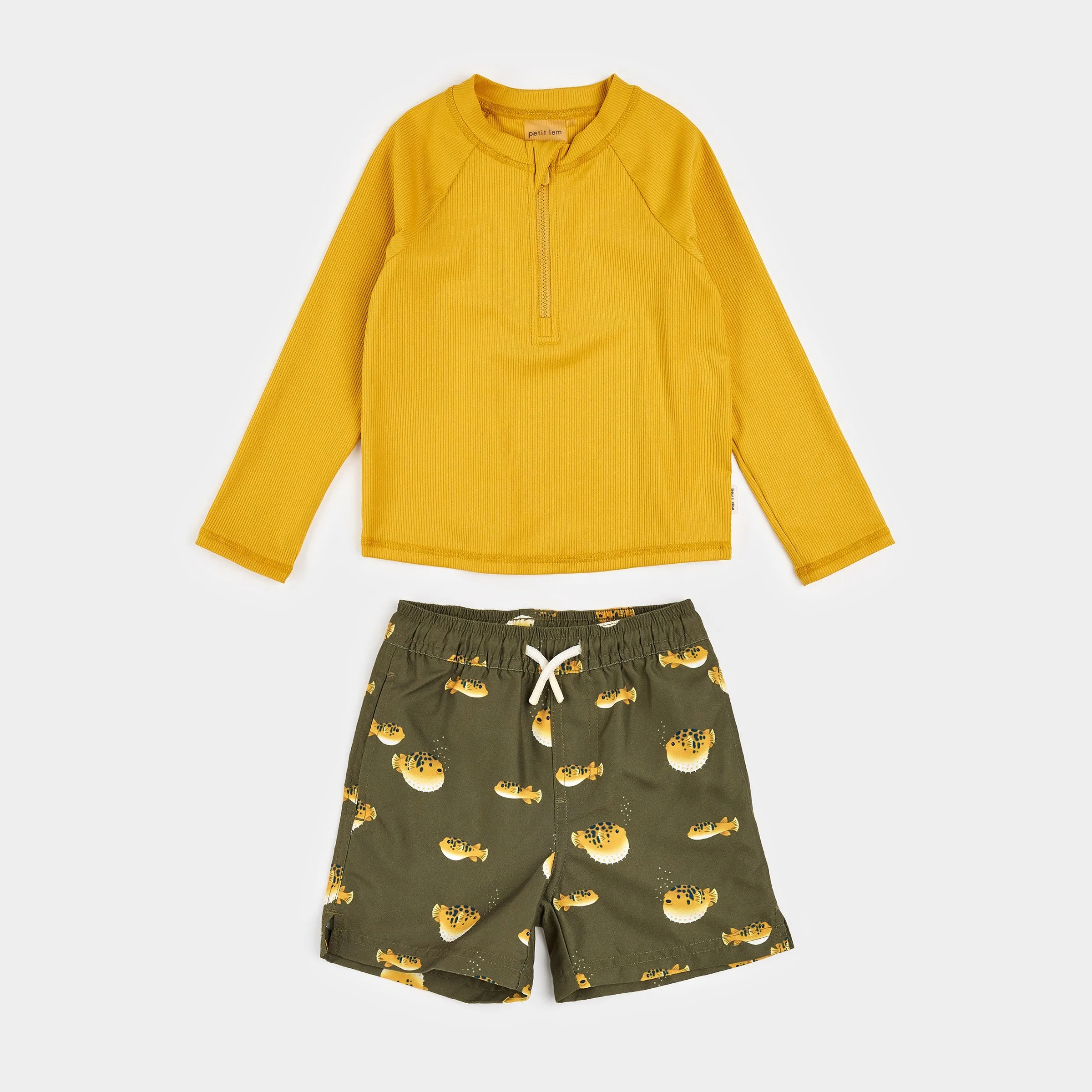 Ribbed Long-Sleeve Bright Gold & Pufferfish Rashguard Set