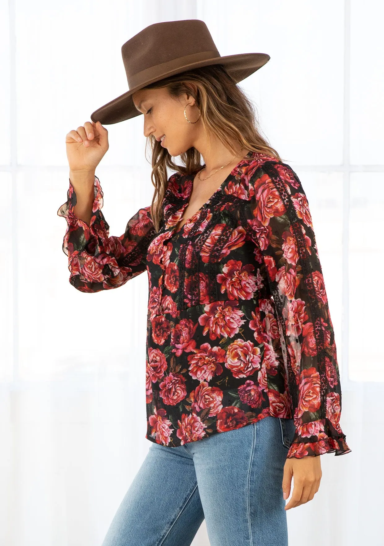 Rose Floral Print Clip Dot Long Sleeve Blouse