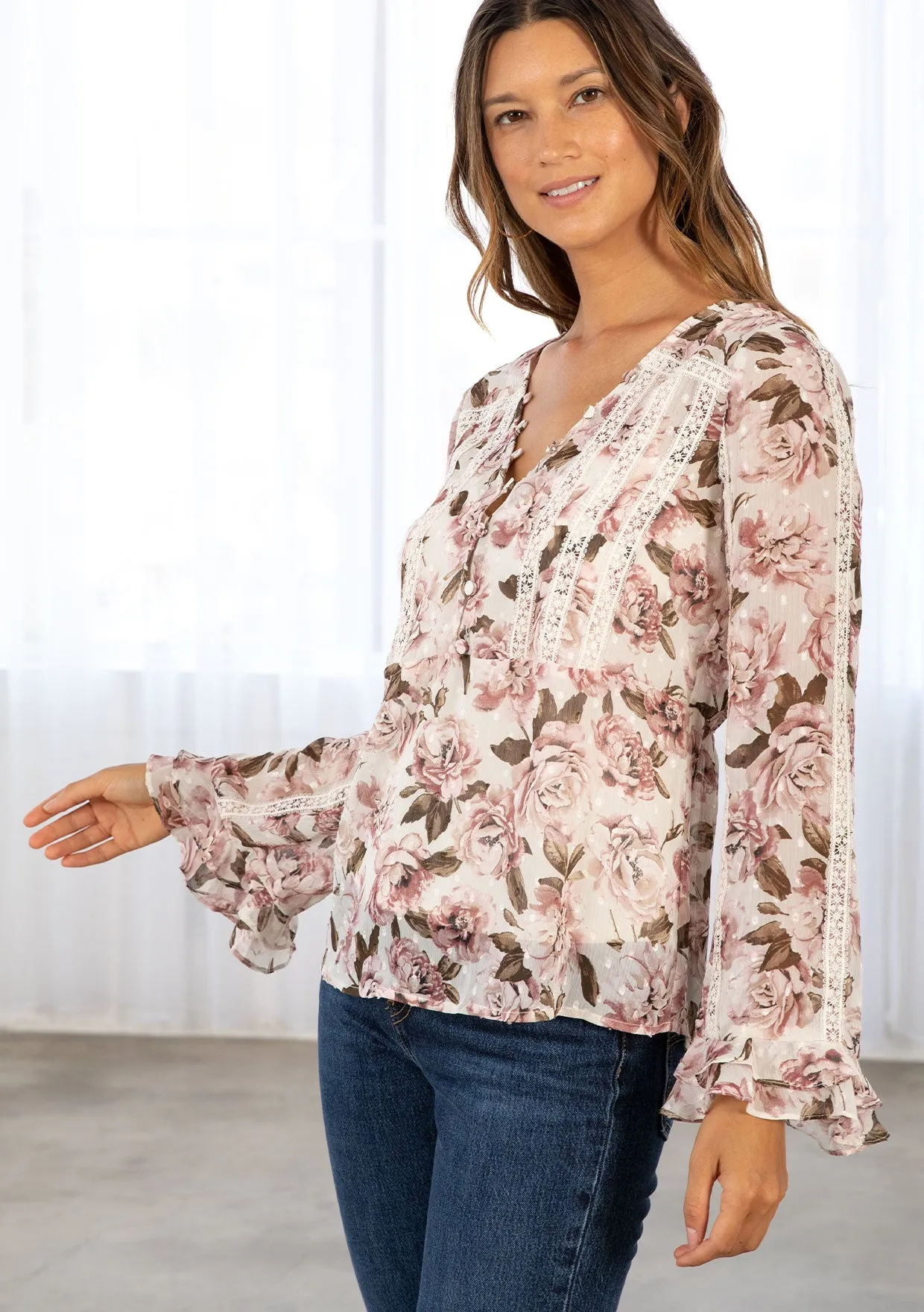 Rose Floral Print Clip Dot Long Sleeve Blouse