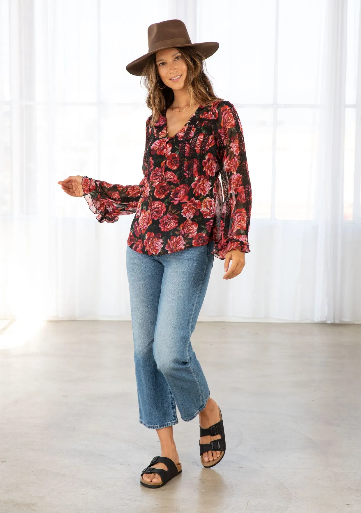 Rose Floral Print Clip Dot Long Sleeve Blouse