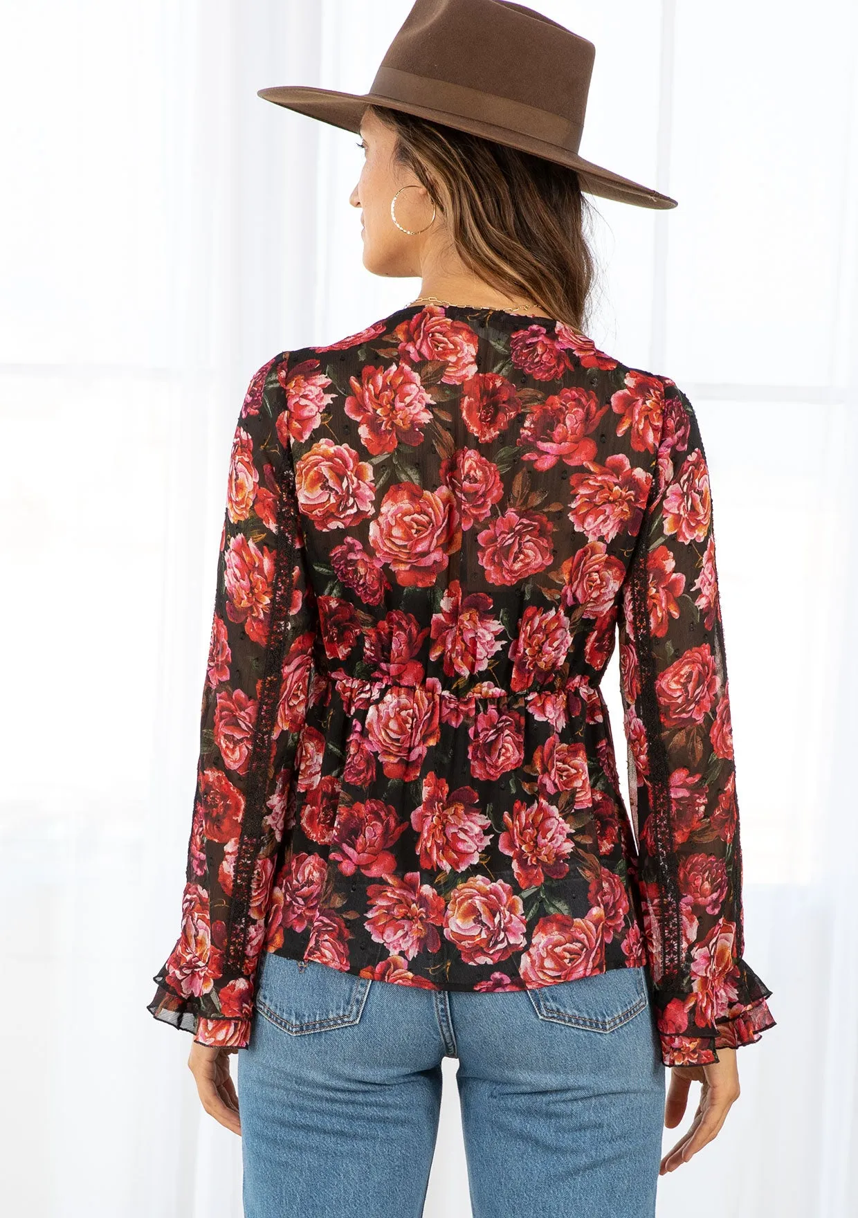 Rose Floral Print Clip Dot Long Sleeve Blouse