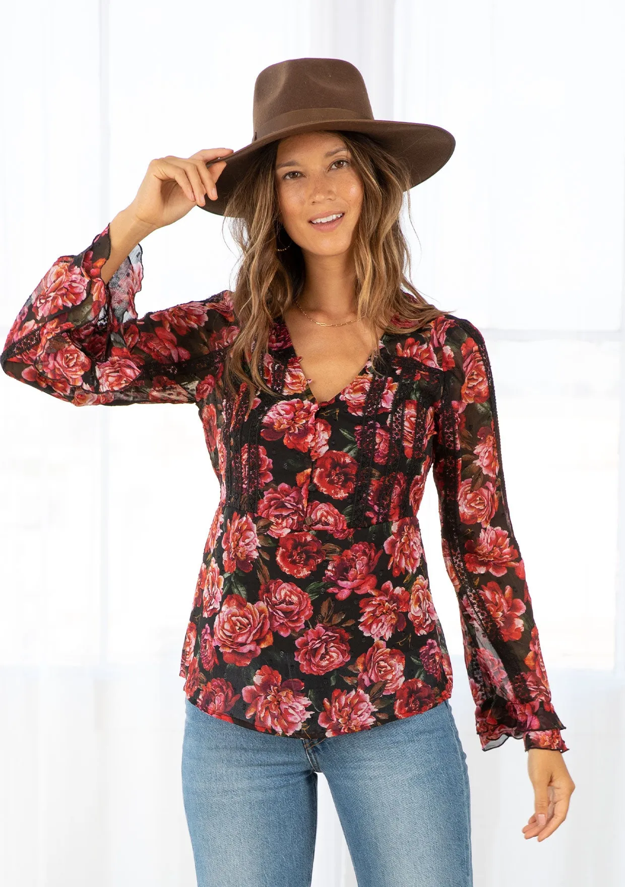 Rose Floral Print Clip Dot Long Sleeve Blouse