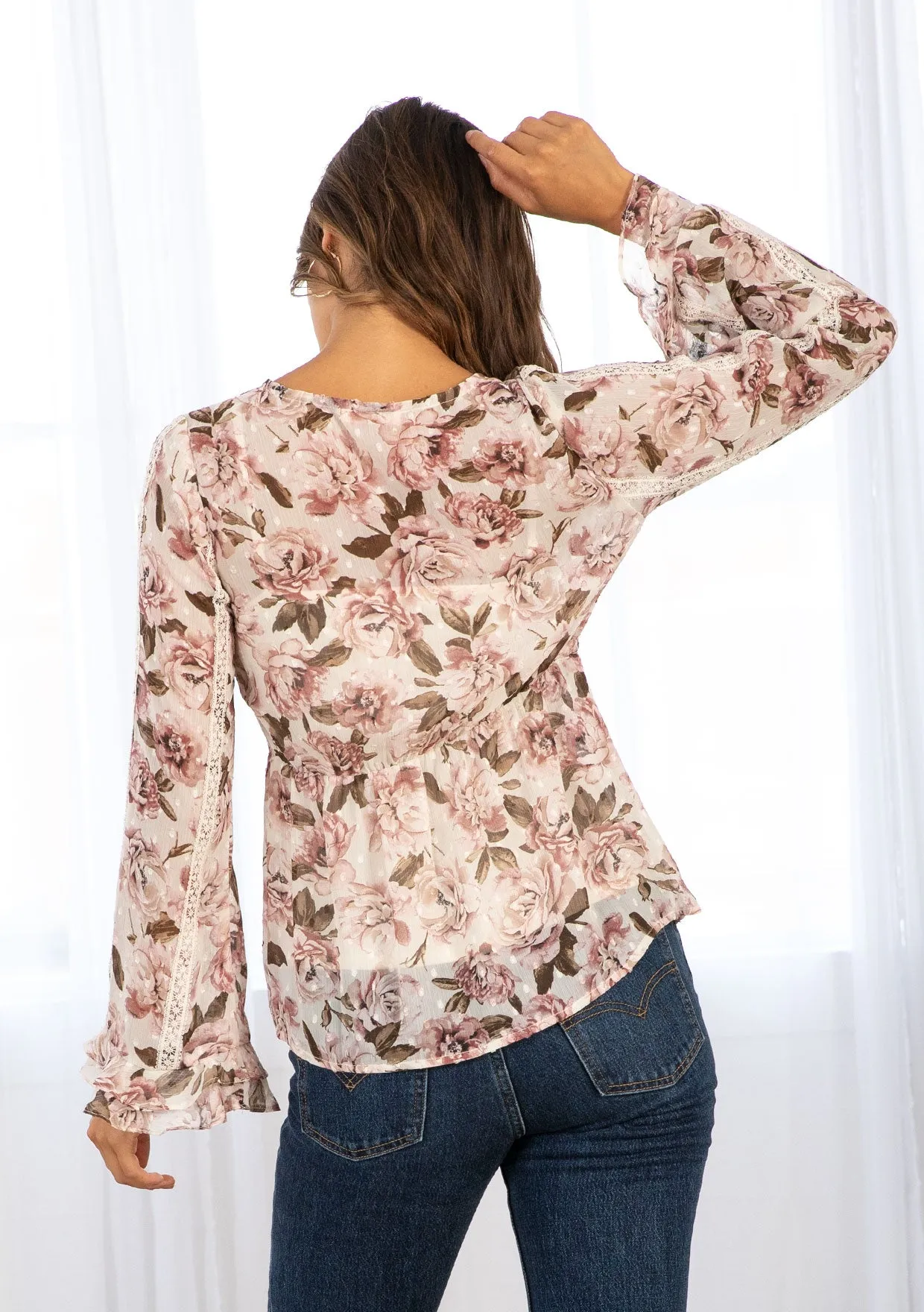 Rose Floral Print Clip Dot Long Sleeve Blouse