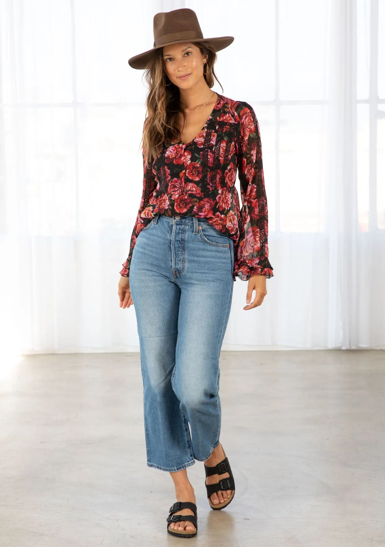 Rose Floral Print Clip Dot Long Sleeve Blouse