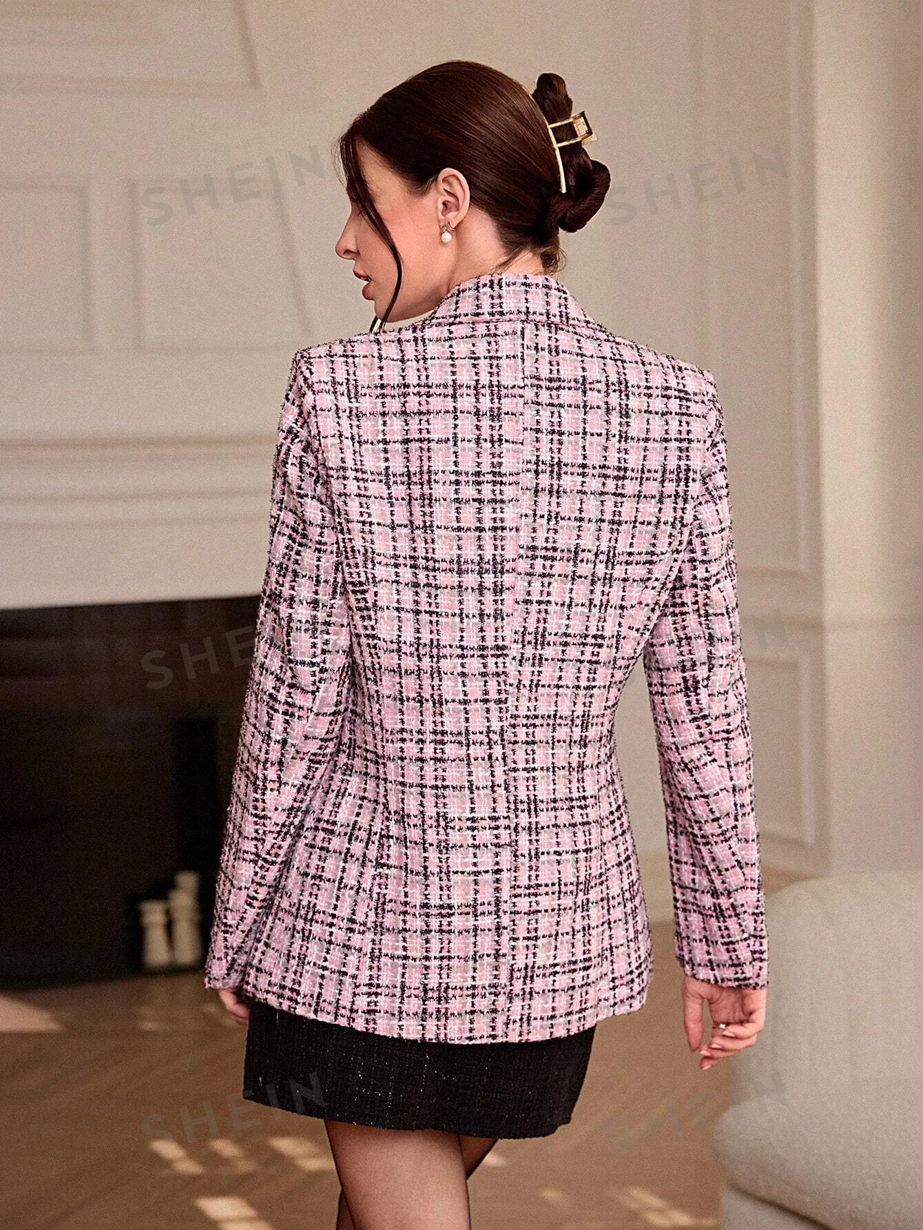 Rosie Contrast Color Tweed Fabric Pearl Buttons Long Blazer Jacket