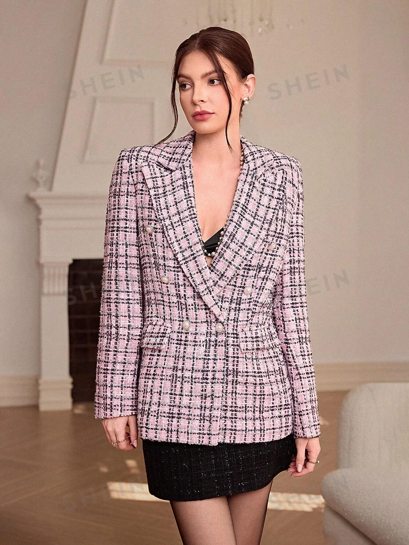 Rosie Contrast Color Tweed Fabric Pearl Buttons Long Blazer Jacket