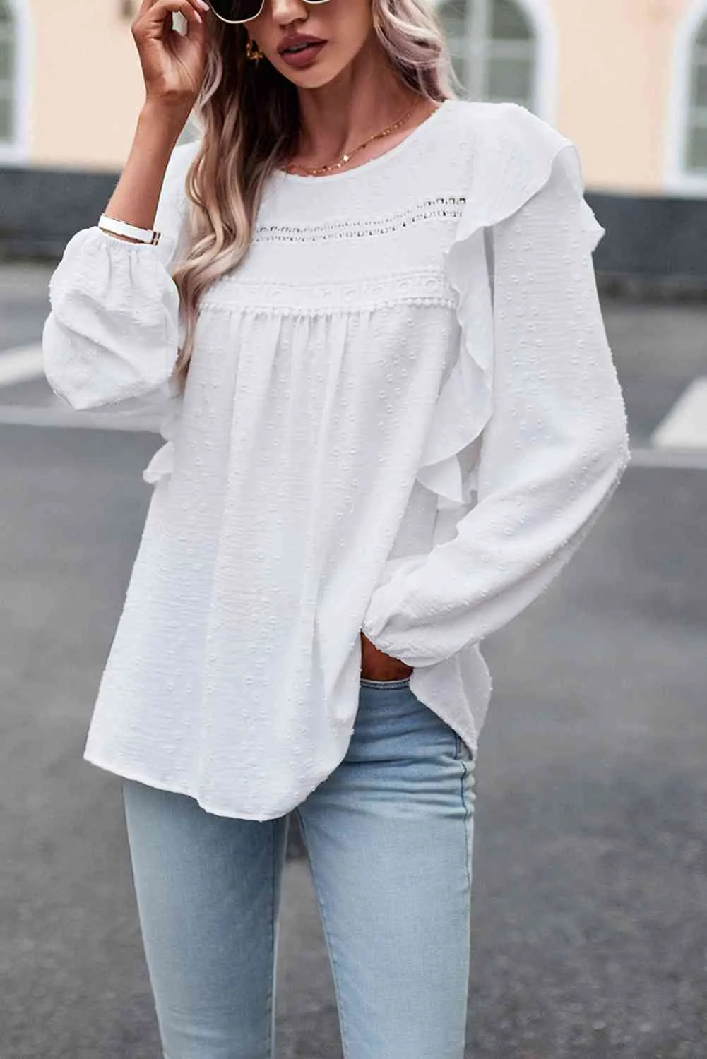 Round Neck Ruffled Blouse (2 Colors)