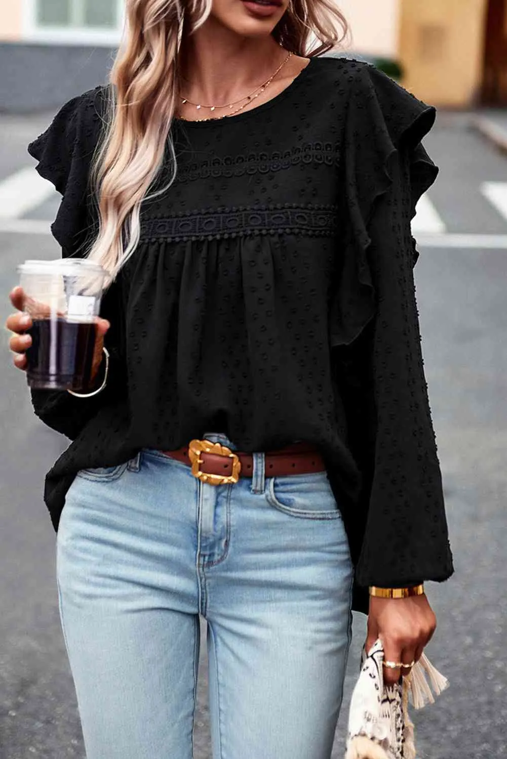Round Neck Ruffled Blouse (2 Colors)